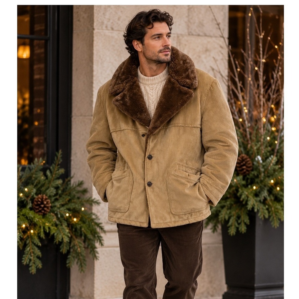 VTG Casualcraft Corduroy Fur Lined Car Coat Mens 46 Tan Made in USA Rugged Lapel